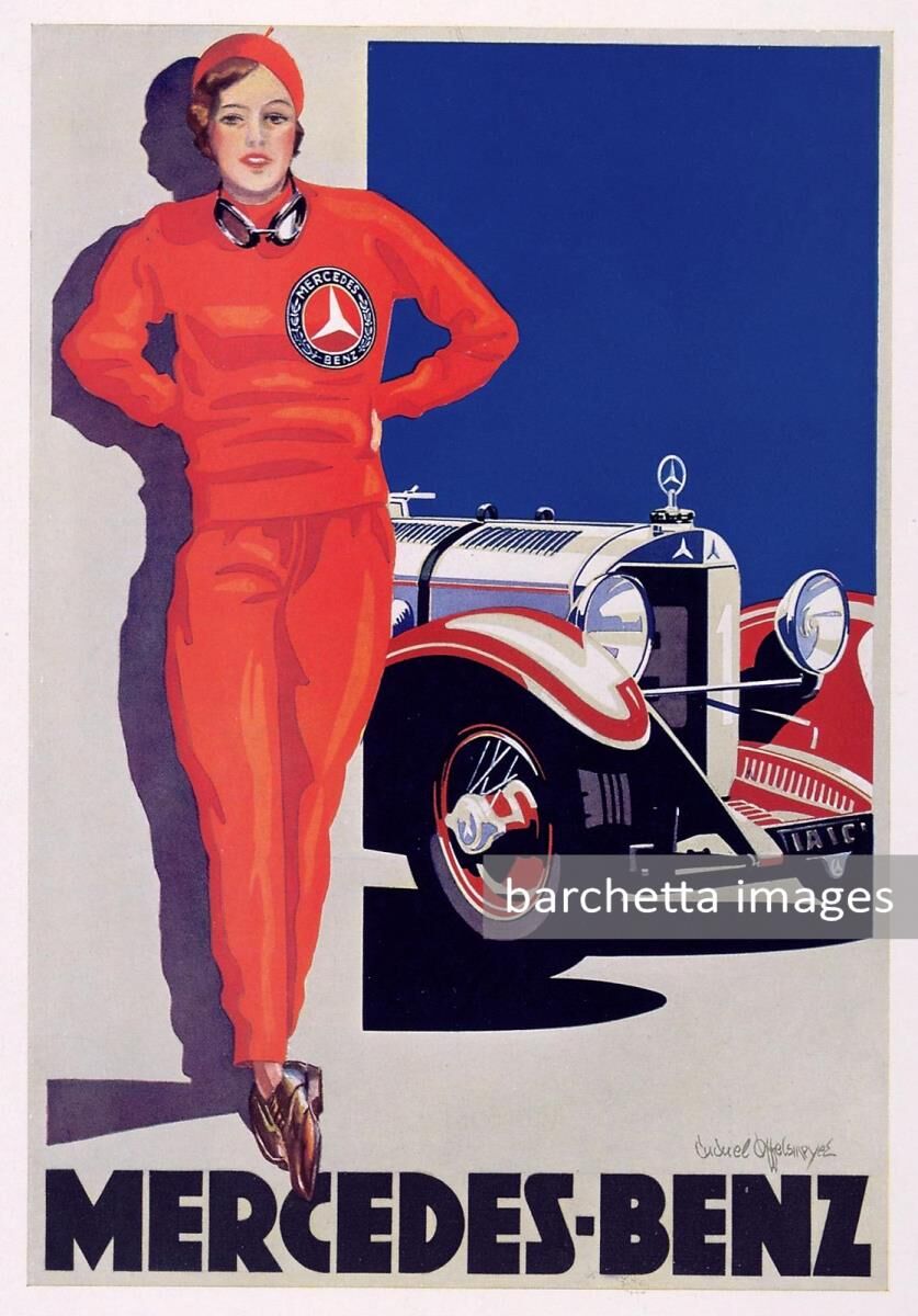 Sporting elegance: The "Lady in Red" by Offelsmeyer Cucuel for Mercedes-Benz, created and published in 1928, is one of the most striking advertising motifs of the 1920s